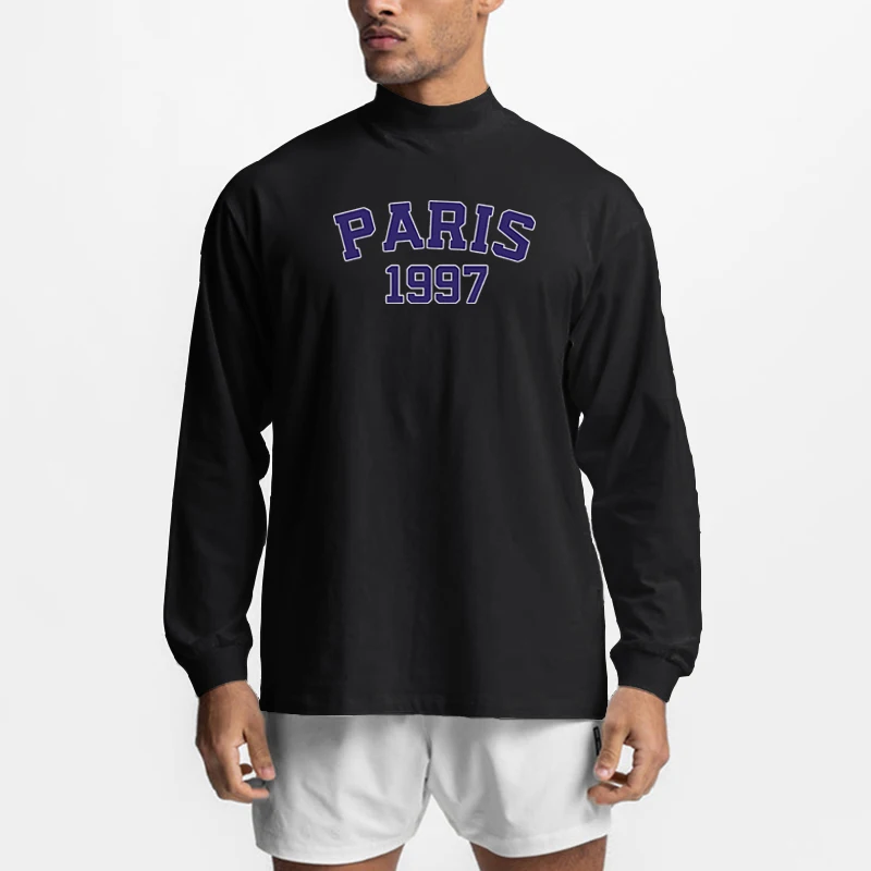 Oversized Loose Long Sleeve Mens Cotton Shirts Paris 1997 Street City Letter Sport T-Shirt Gym Bodybuilding Running Workout Tops