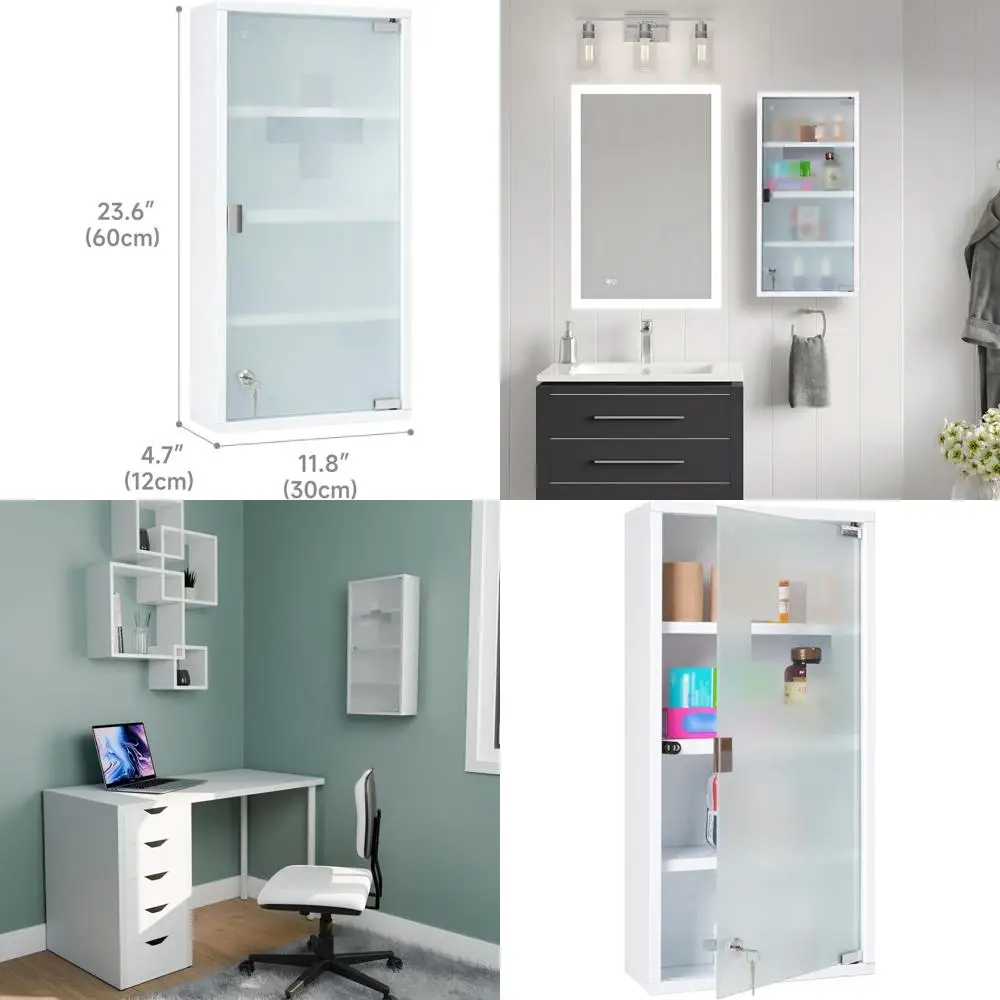 Botiquín Metálico Blanco de Pared con Cerradura, 11.8W x 23.6H x 4.7D, Puerta de Vidrio Esmerilado, 4 Estantes, Señal de Primeros Auxilios