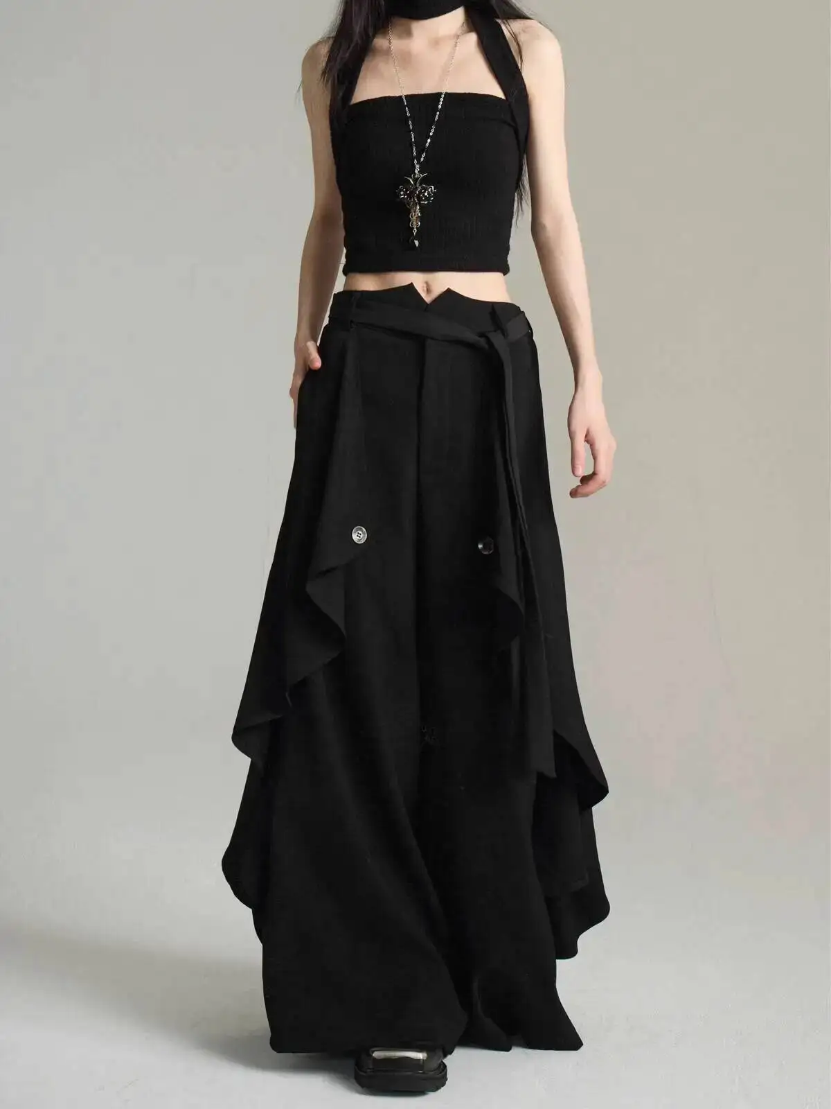 

Summer New Women Tide Dark Punk Gothic Hip Hop Niche Dark Cotton Irregular Strap Wide Leg Fashion Skirt Pants