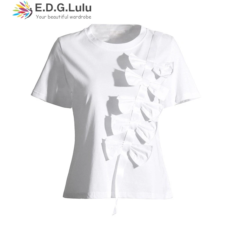 

EDGLuLu дизайн с круглым вырезом, однобортная футболка с бантом, топ для женщин, новинка 2025, модная черно-белая футболка 0927