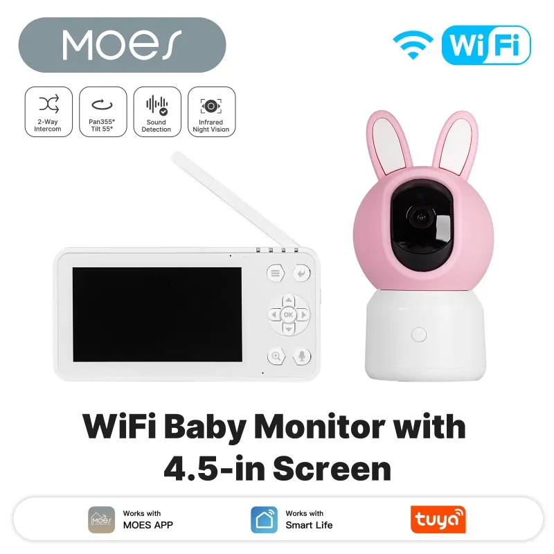 WiFi Smart Baby Pet Monitor Security Camera With 4.5 Inch LCD Screen PTZ Zoom  Temperature Sensor Lullaby