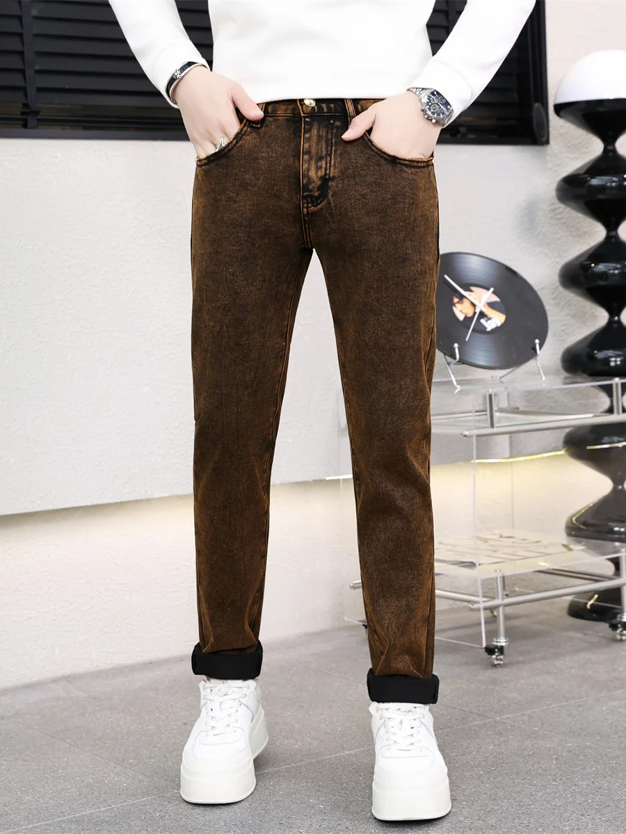 

High-End Vintage Desert Gold Fce-Lined Slim Fit Men's Jeans Wear Resistant Thiened Long Trousers for Autumn And Winter