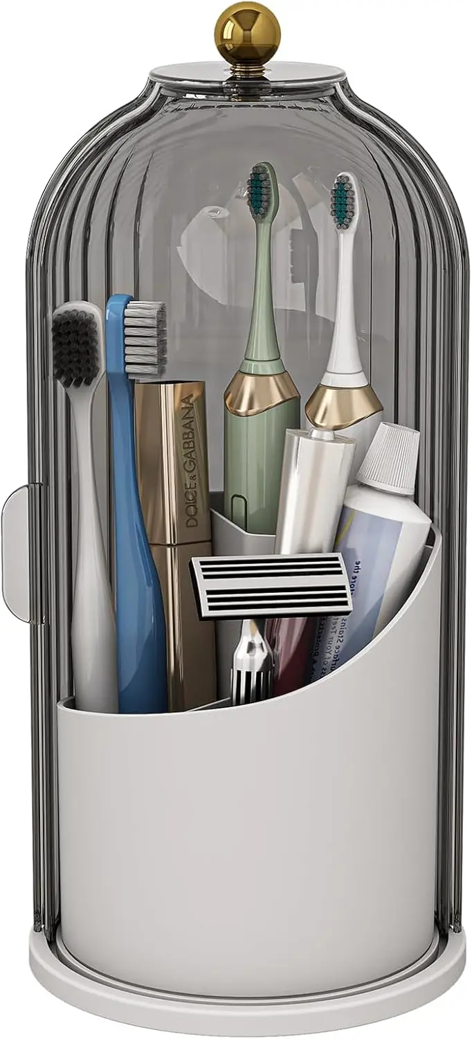 

3-Slot Toothbrush Holder with Cover, Rotating Electric Toothbrush Organizer for Countertop, Grey White