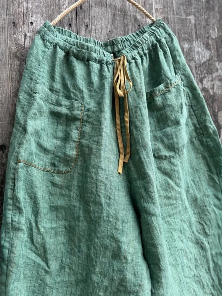 오리지널 디자인 스트라이프 컬러 우븐 린넨 밴딩 와이드 레그 캐주얼 여성 바지 루즈 슬리밍 스트레이트 레그 트라우저