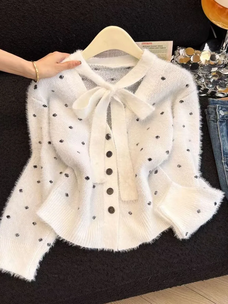 

White Polka Dot Faux Mink Sweater Women's Spring Autumn Winter Knot Belted Loose Slimming Outerwear Open Cardigan Top