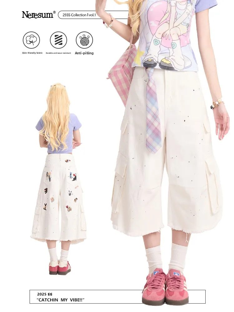 

Джинсы-леггинсы NERESUM в повседневном стиле, свободного кроя, с принтом щенка, с множеством карманов, с рваными краями, прямые, укороченные, для работы