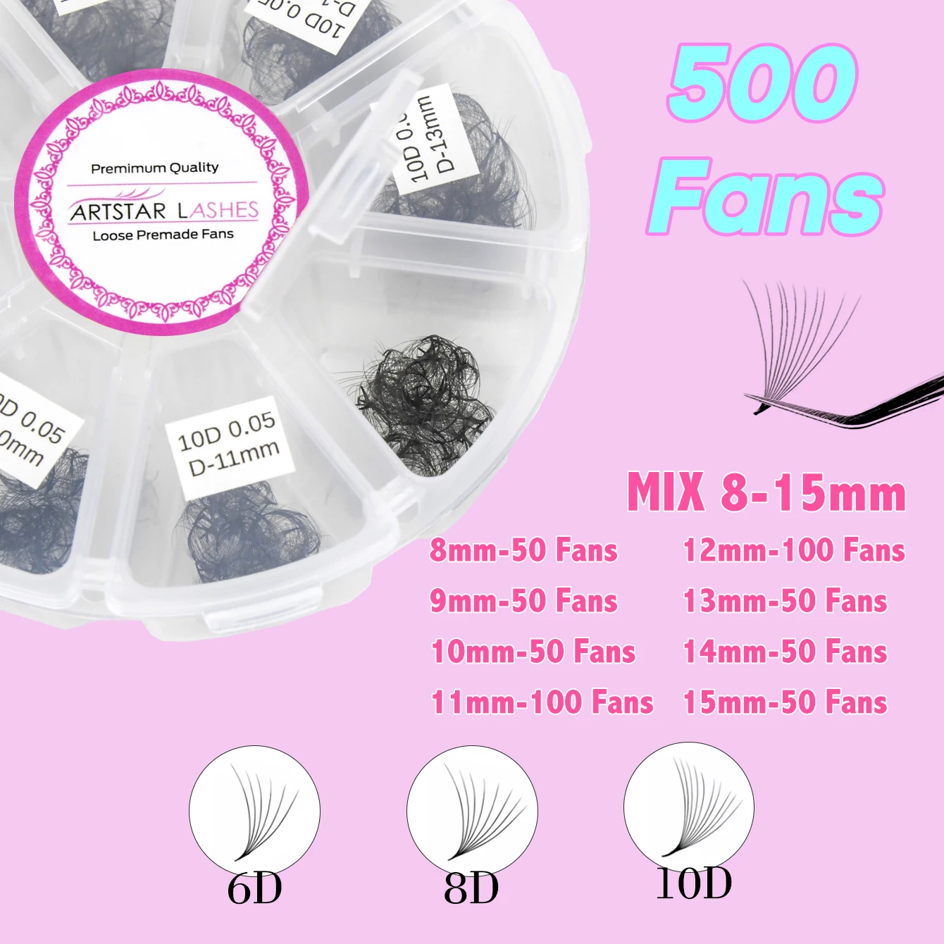 

ARTSTAR 500 Fans Свободные веерные наращивание ресниц Mix8-15 мм 6D 8D 10D Накладные ресницы Острые базовые объемные готовые веерные ресницы