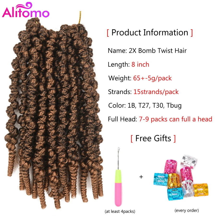 Alitomo Short Bob Spring Twist Hair Synthetic Prelooped 8Inch Passion Twist Crochet Braids 15Strands Ombre Braiding Hair for Kid