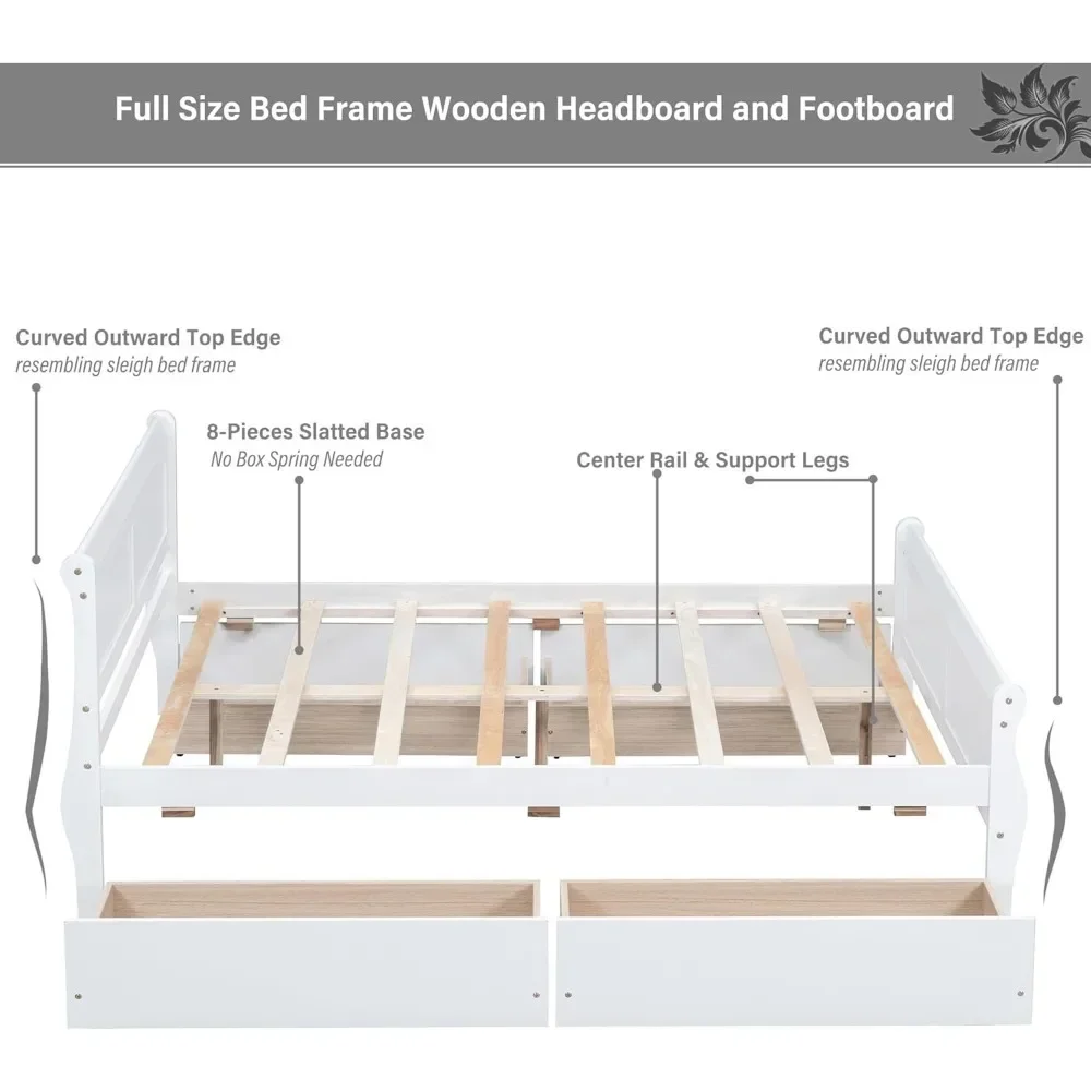 Cama de tamanho completo cabeceira de madeira e placa traseira 4 gavetas de armazenamento sem colchão de mola suporte de careta de madeira móveis brancos