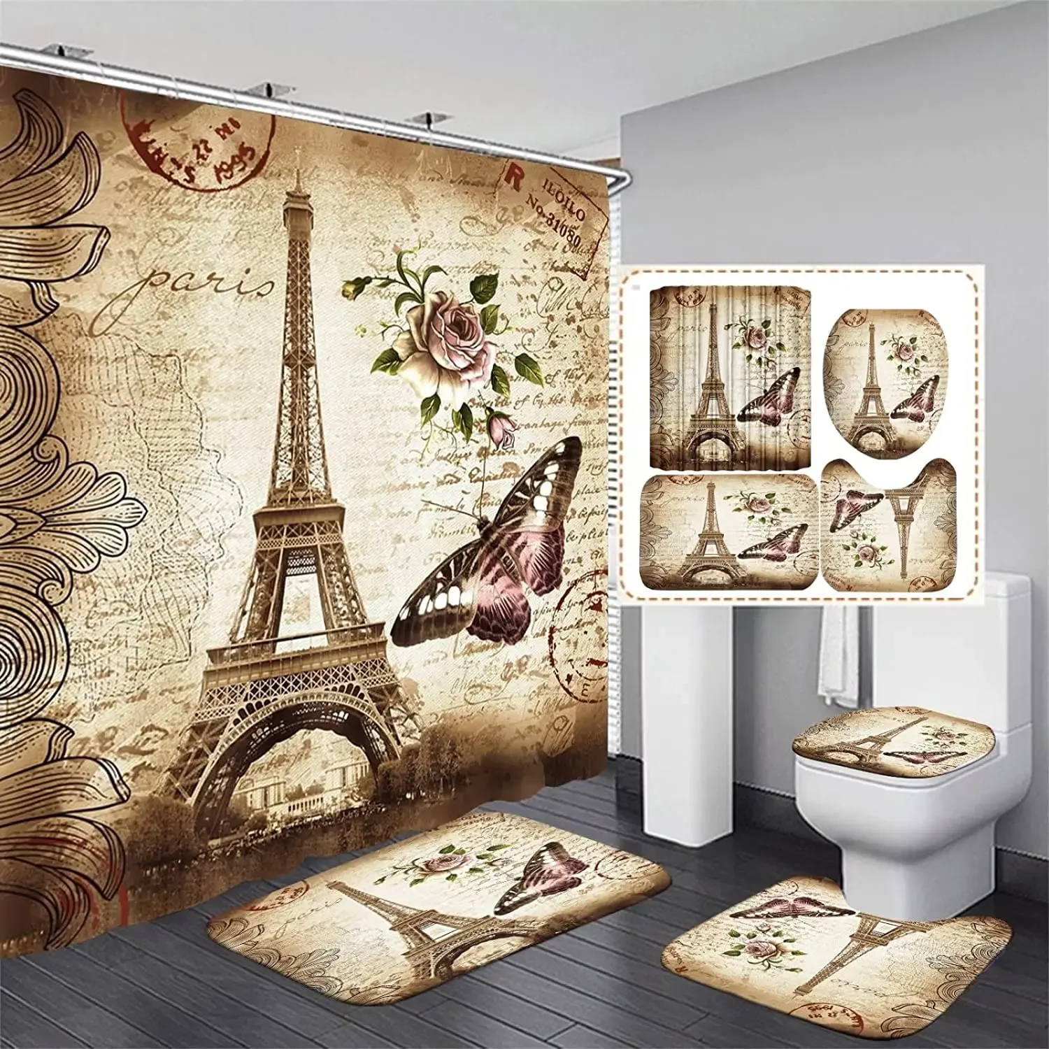 Paris Eiffel Tower Pink Shower Curtain Sets with Non-Slip Rugs Bath U-Shaped Mat Toilet Lid Cover Valentine Bathroom Decor