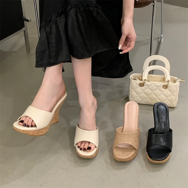 

Aneikeh Fashion Comfortable Soft Leather Wood Grain Platform Wedges Women Slippers 2026 Summer Peep Toe High Heels Shoes