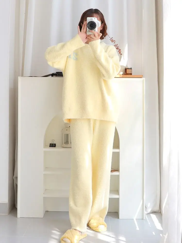 M-4XL Pajama Sets Women Baggy Yellow Sleepwear Home Comfortable Two Piece Winter Thick Warm Girlish Sweet Japanese Style Basics