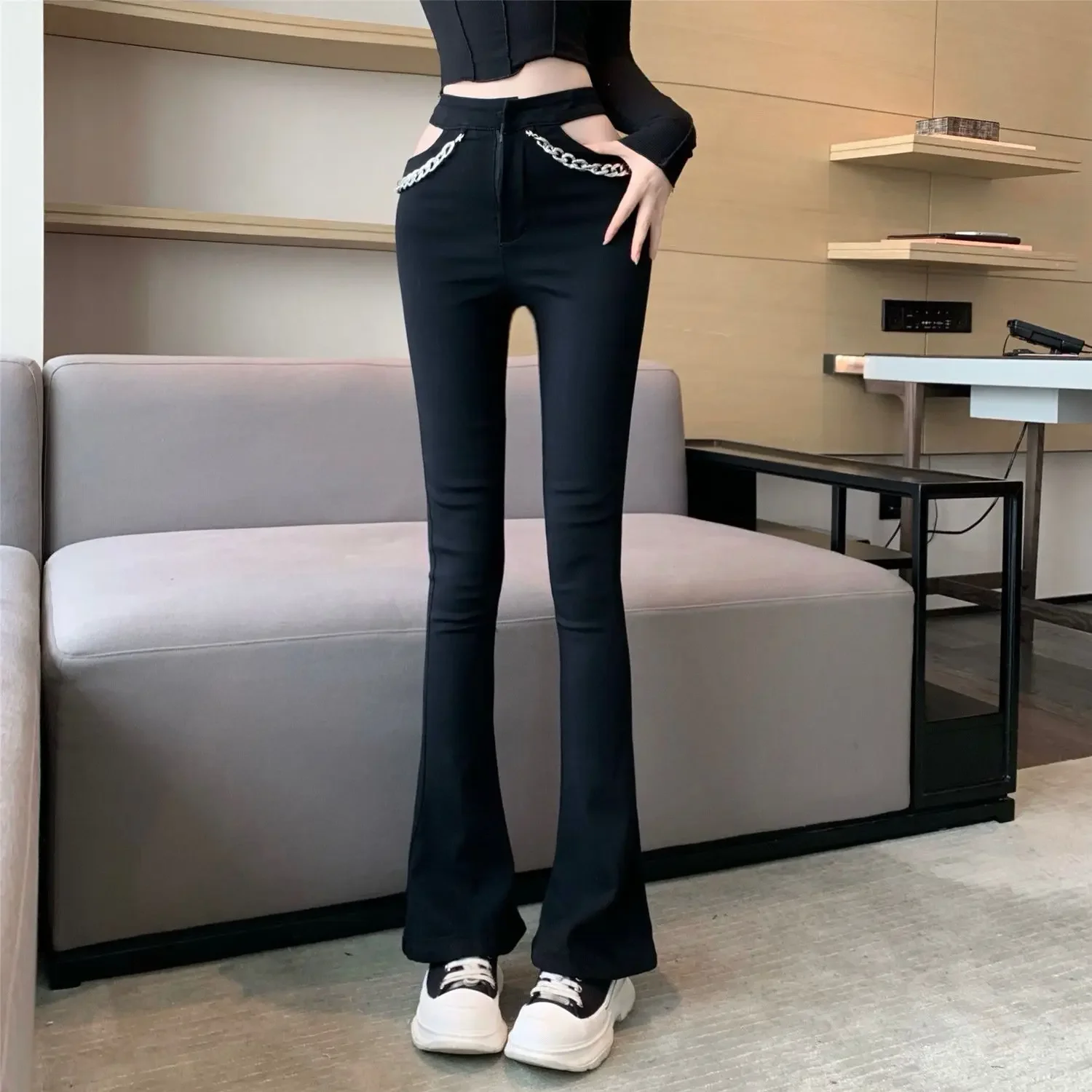 

High Waist Shot Trousers Flared Pants for Woman Flare Bell Bottom Black Women's Jeans Unique Cowboy Clothes Stylish Aesthetic A