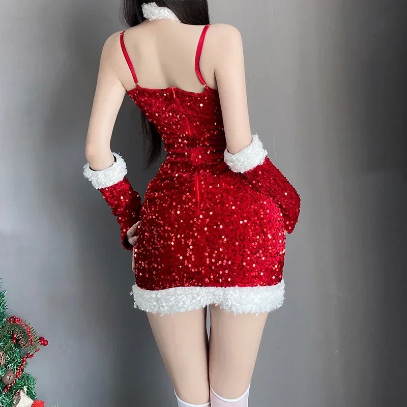 Sexy Bodycon Women Christmas Sexy Lady Santa Claus Cosplay Costume Sexy Lingerie Winter Red Dress New Year's Party Dress