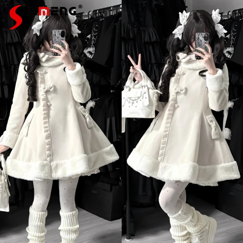 

Japanese Mine Mass-Produced Sweet Lolita Woolen Jacket Coats Autumn Winter New Women's Slim Fit Cute Bow Furry Warm Overcoats