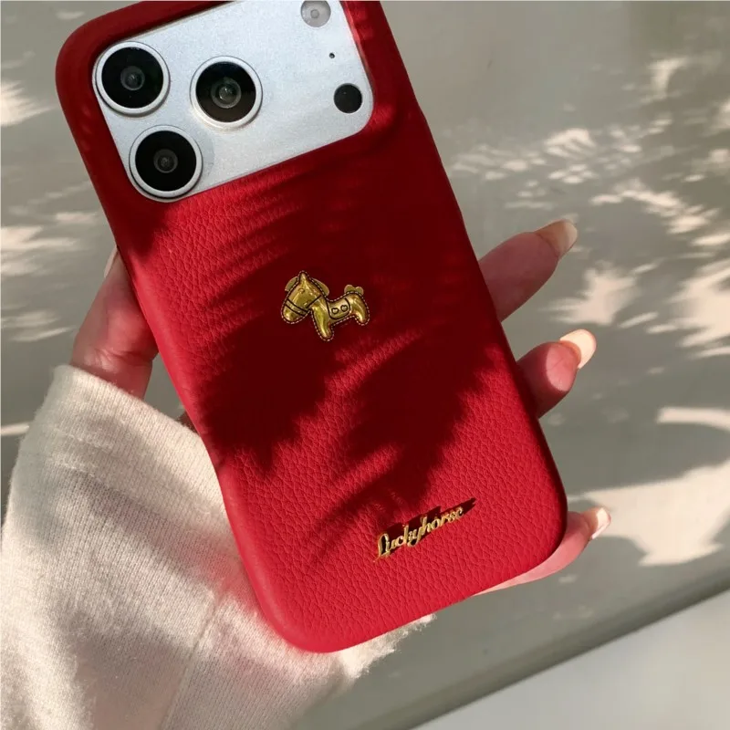 

2026 Year of the Horse Red Case With Golden Horse Ornament Phone case For iPhone 17Pro 16 15 14 13 12 11 Pro Max Protective Case