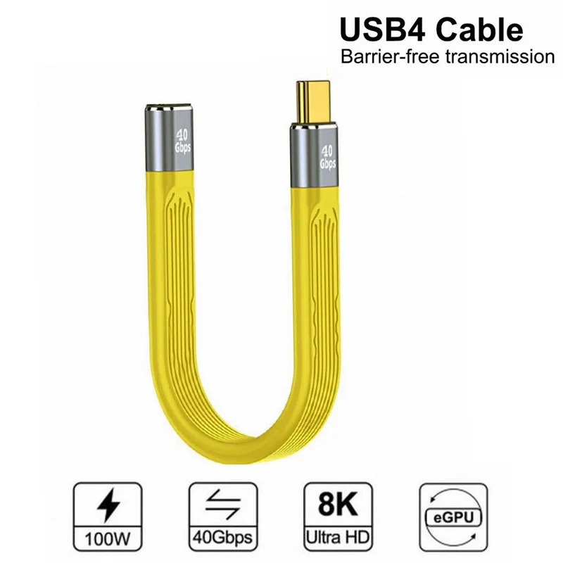 

USB C to USB Cable Usb4 Extension Cable Type C Male to Female 40Gbps 100W 8K Flat Slim FPC Data for Laptop & Phone Yellow 13cm