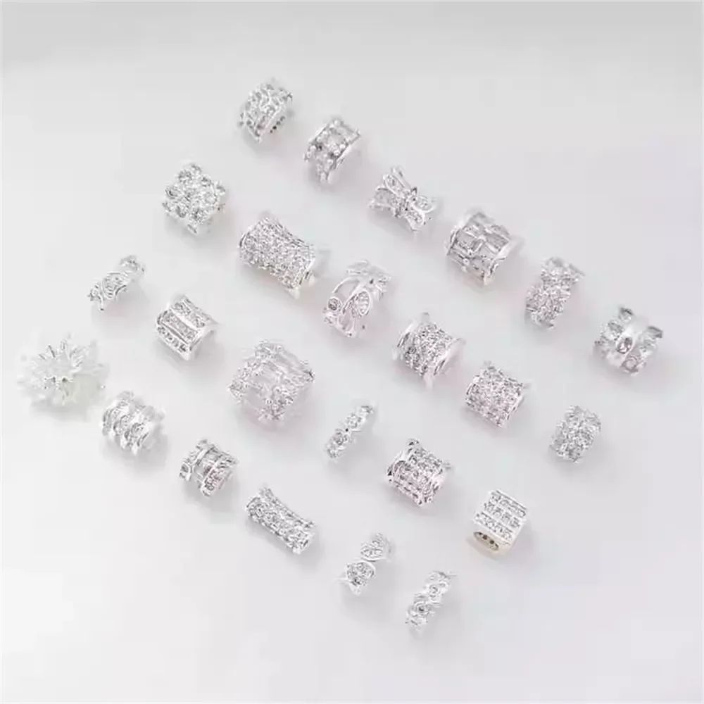 Copper-plated Thick Silver with Micro-inlaid Zircon Beads, Bucket Beads, Loose Beads, Diy Beaded Bracelet Jewelry Accessories