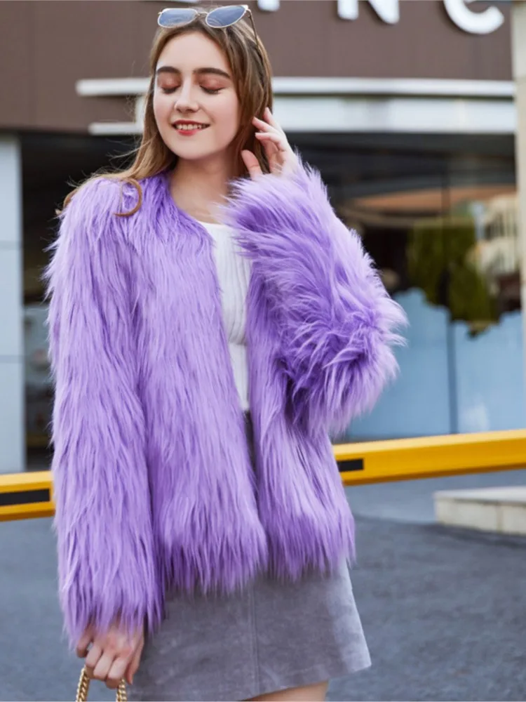 

Women Fringed Winter Faux Fur Coat Round Neck Street Thick Plush Mink Fur Jacket For Female Warm Short Lady Artificial Fur Coat