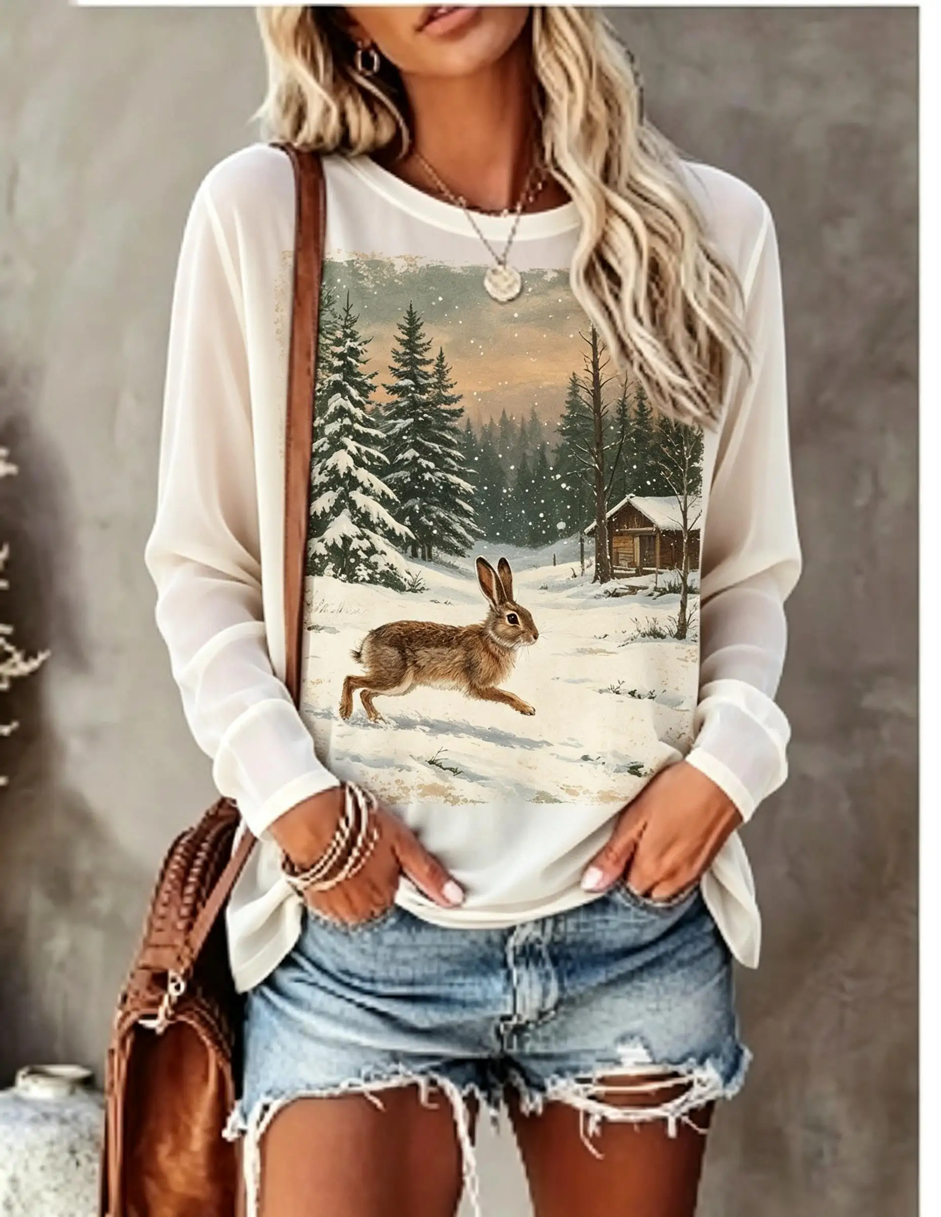 Women Long Sleeve T Shirt Winter Snow Farm Barn Cow Sheep Sunset Landscape Print Crew Neck Casual Fall Tops