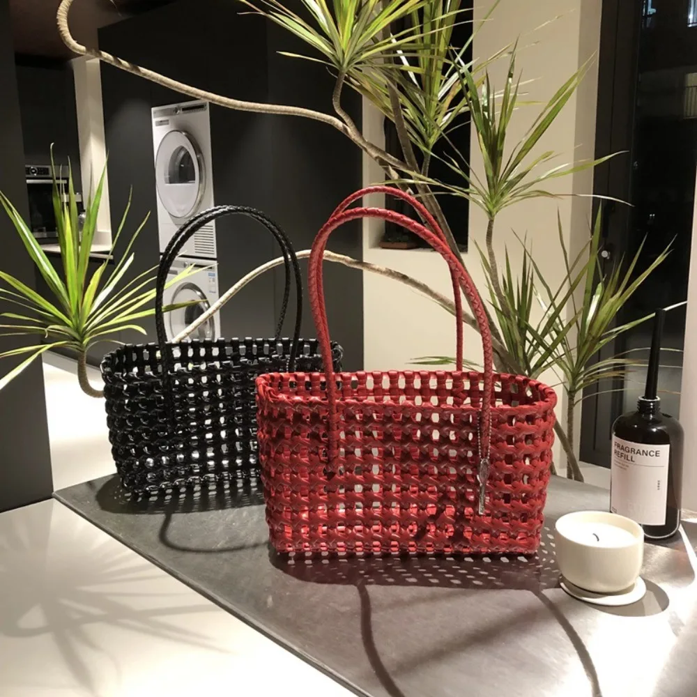 

Plastic Hollow Weave Bag Countryside Style Bohemian Style Vegetable Basket Bag Vacation Style Large Capacity Woman PVC Handbag