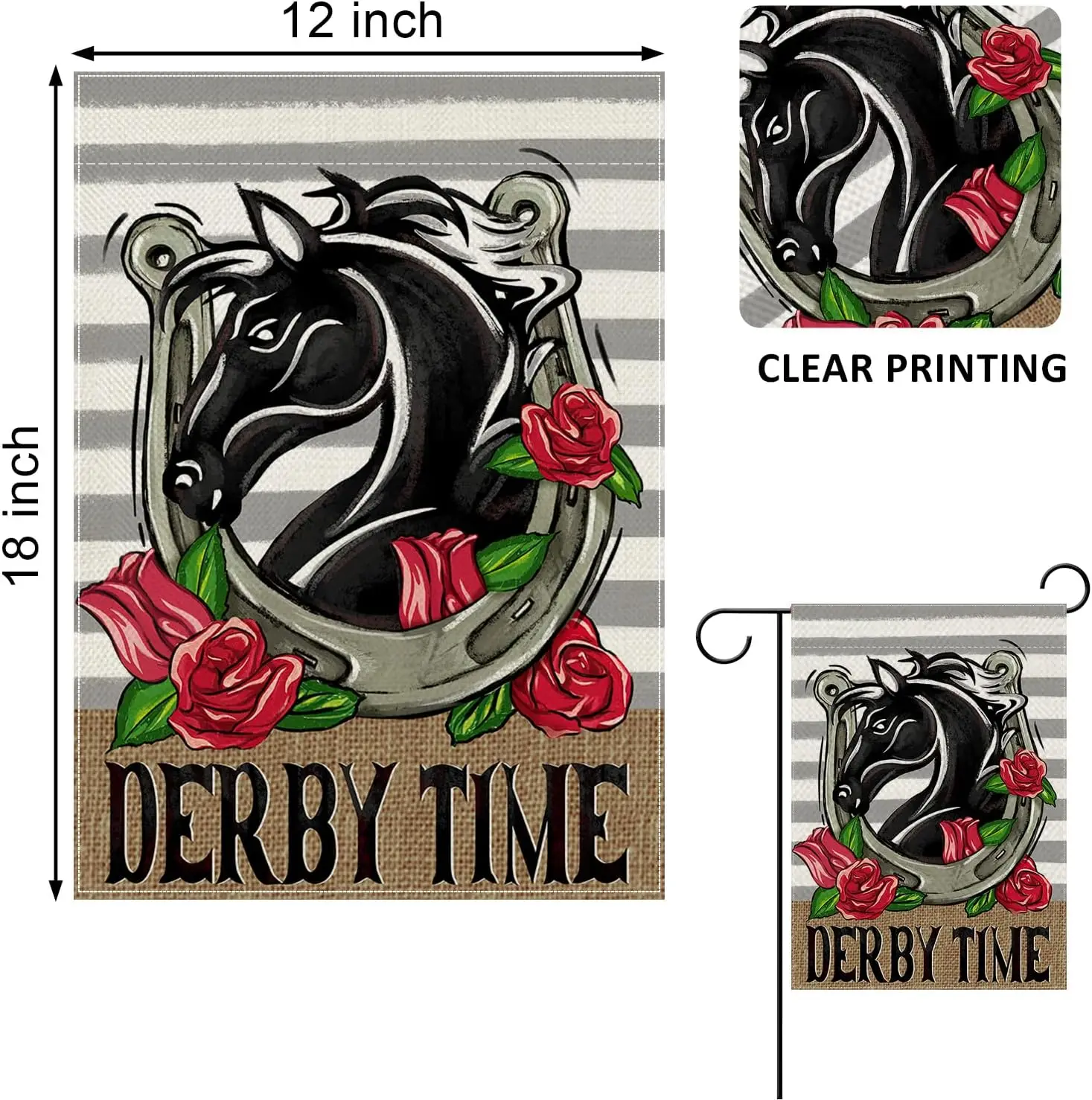 Derby Time Horse Racing Decorative Garden Flag, Kentucky Derby Race Sport Rose Flower Horseshoe Yard Outside Decorations, Grey S