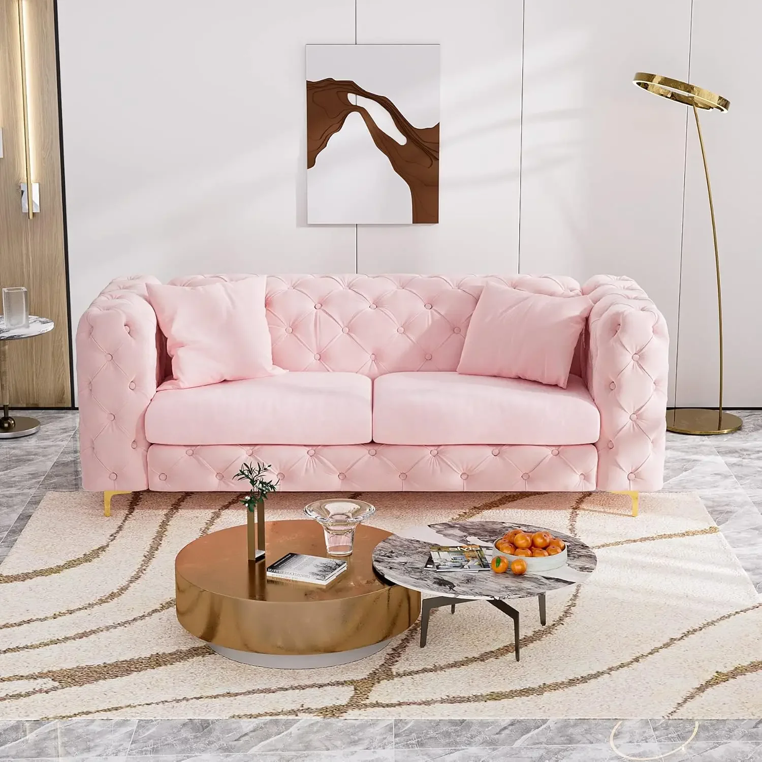 Modern Velvet Sofa for Living Room, 75 Inches Long Tufted Couch, Upholstered Sofa with 2 Pillows Wide Armrest