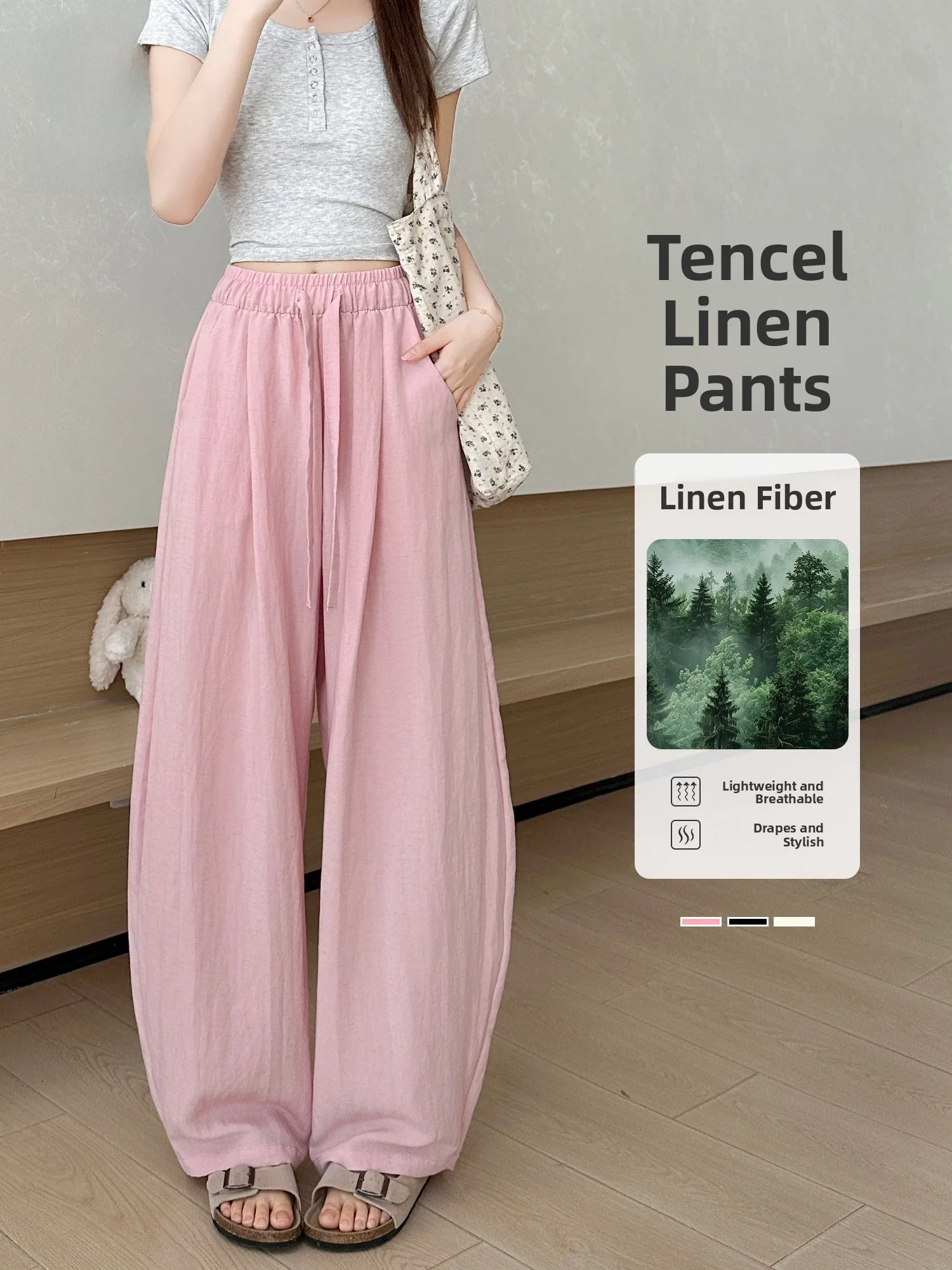 

Pink Linen Pants Women Summer Thin Silk Scimitar Loose Feel Cotton Linen Wide Leg Pants Straight Cut Natural Waist
