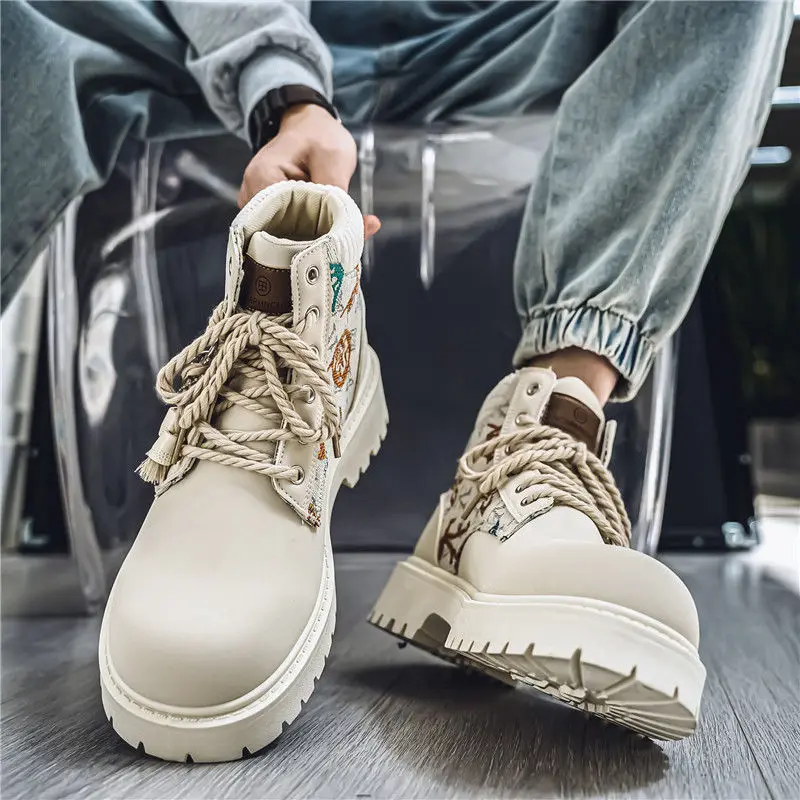 

2024, весенне-осеннее Новое поступление, мужские мотоциклетные рабочие ботинки в британском стиле, высокие ботильоны на толстой платформе в стиле пэчворк с принтом и завязками