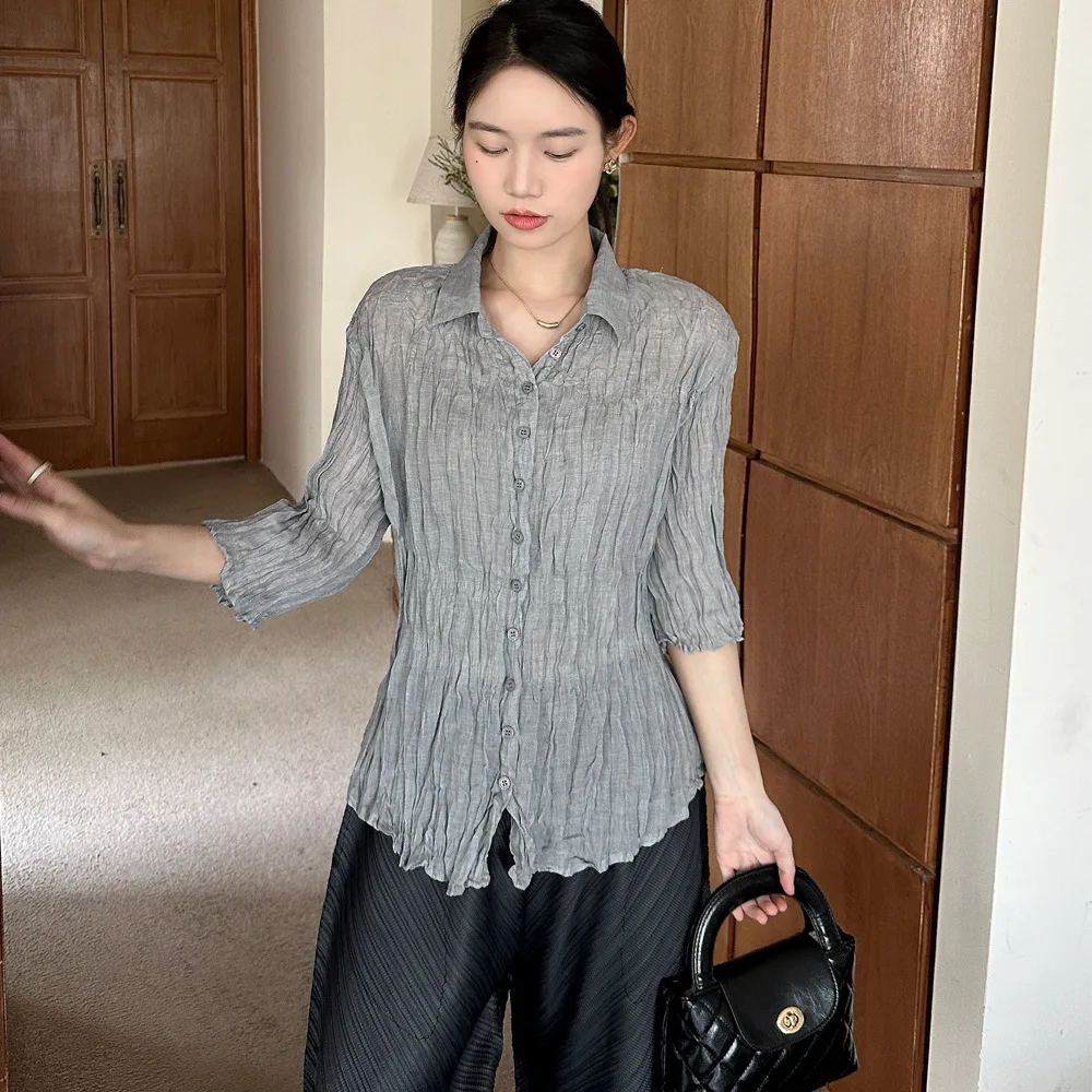 เดี่ยวสีทึบLapelผู้หญิงเสื้อMiyakeจีบ 2025 ฤดูร้อนใหม่เสื้อลําลองแฟชั่นCardiganเสื้อผ้าALSEY