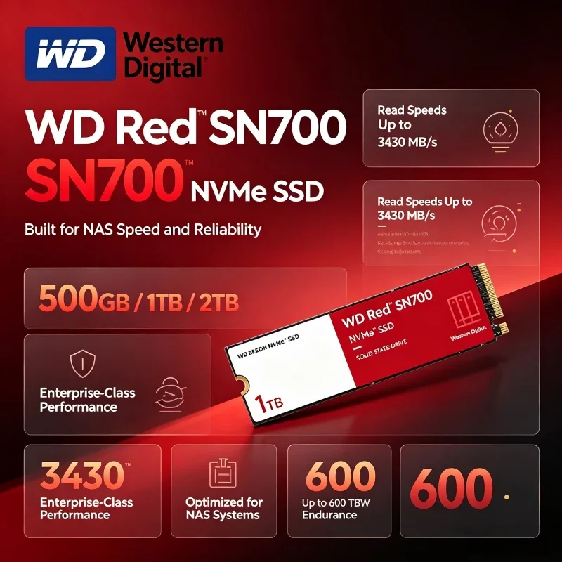 SSD NVMe Original Western Digital WD Red SN700 2TB 1TB 500GB PCIe 4.0 * 4 M.2 2280 Unidade de Estado Sólido Interna para Laptops e PCs