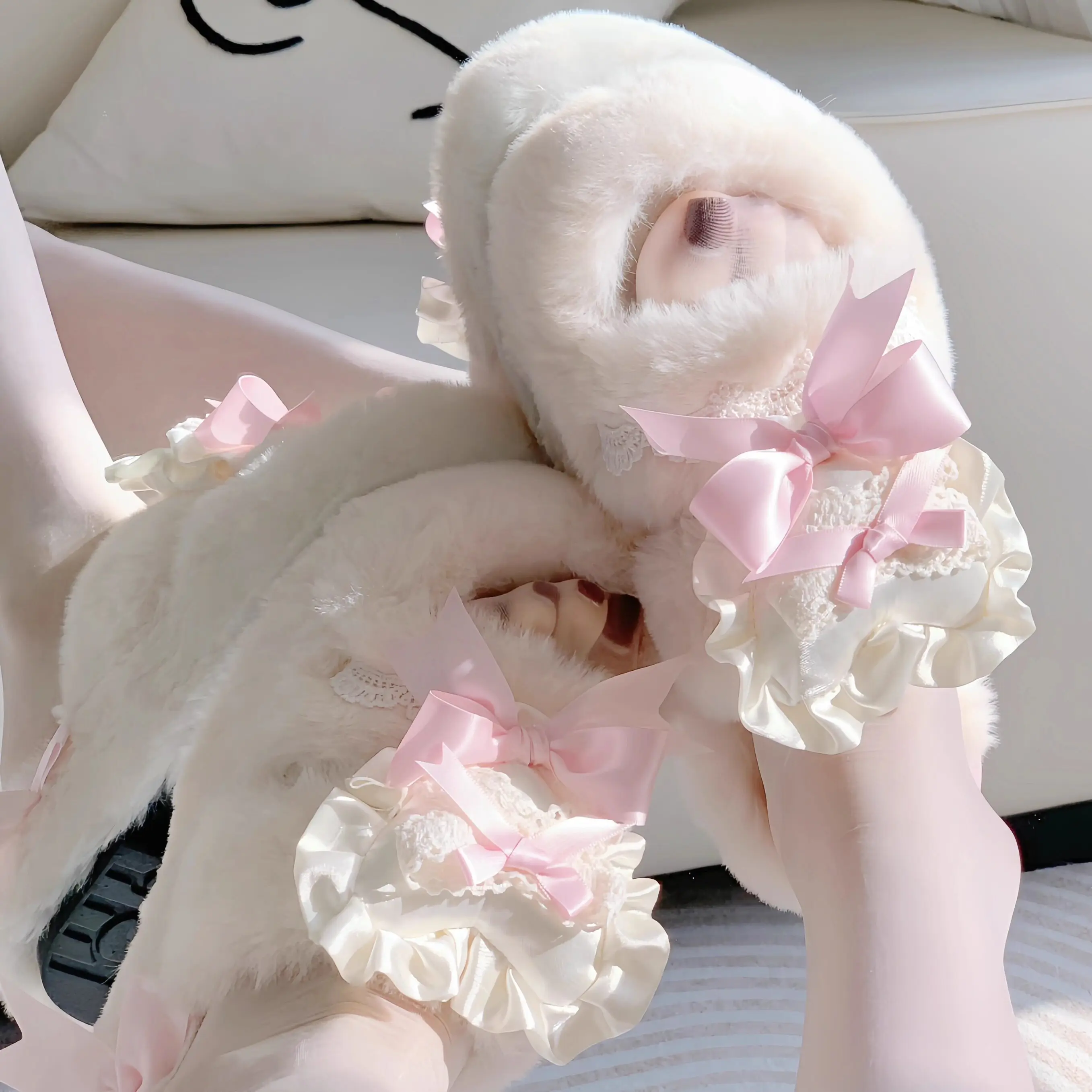Kawaii Lolita Bunny Bow Fluffy Slippers Lolita Girl Cute Pink Bow Heart Fuzzy Home Slippers For Women