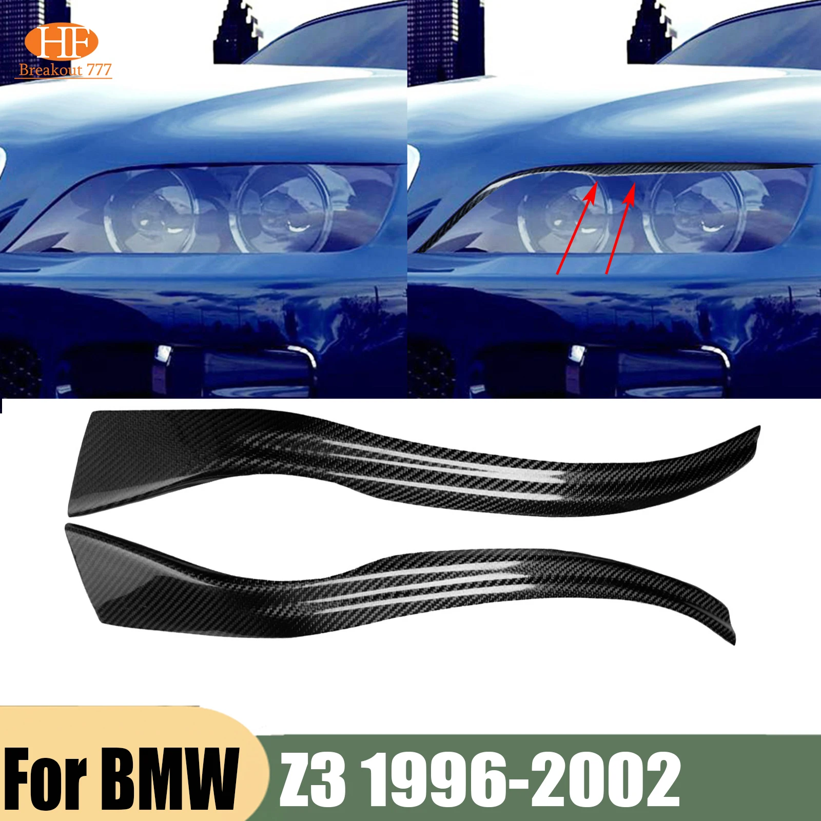 For BMW Z3 1996-2002 2x Real Carbon Fiber Headlight Eyebrow Eyelid Cover Trim