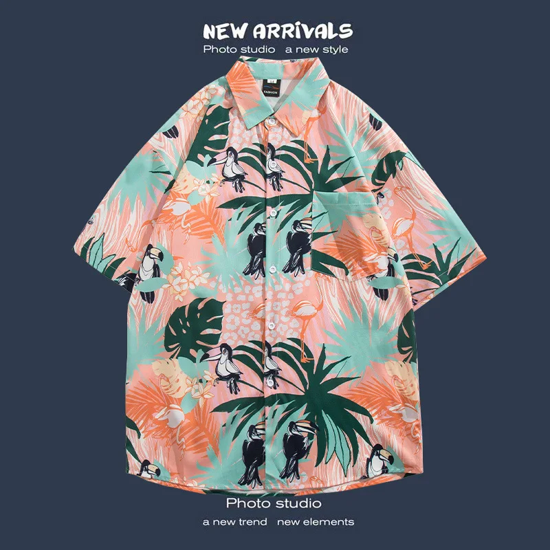 Men's Korean Streetwear Summer Fashion New Hawaiian Shirt Holiday Beach Casual Loose Short Sleeved Shirt Y2k Men Clothing