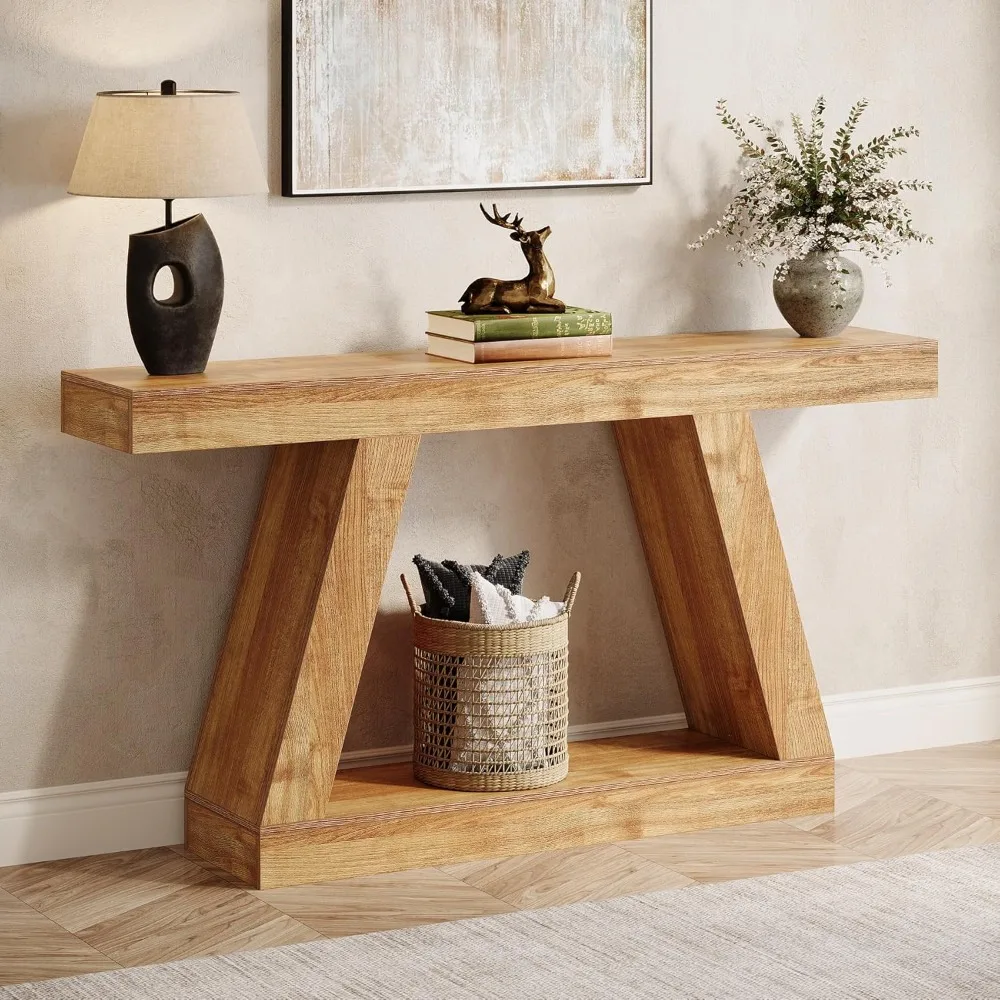 Farmhouse Console Table, 55-Inch Rustic Sofa Table with Storage, Industrial Wooden Entryway Table for Hallway, Living Room, Nat