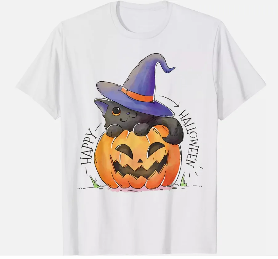 

Pumpkin, Cat In Witch's Hat, Creepy Cute Halloween. T-Shirt