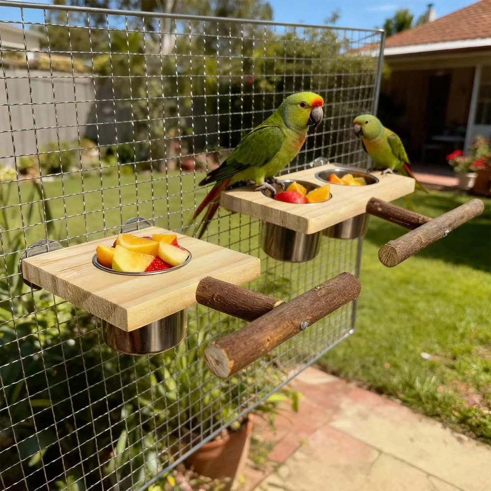 1Set Wood Bird Stand Platform with Single/Double Stainless Steel Feed Bowl Chew Toy for Pet Bird Parrot Cage Hanging Accessories view 5