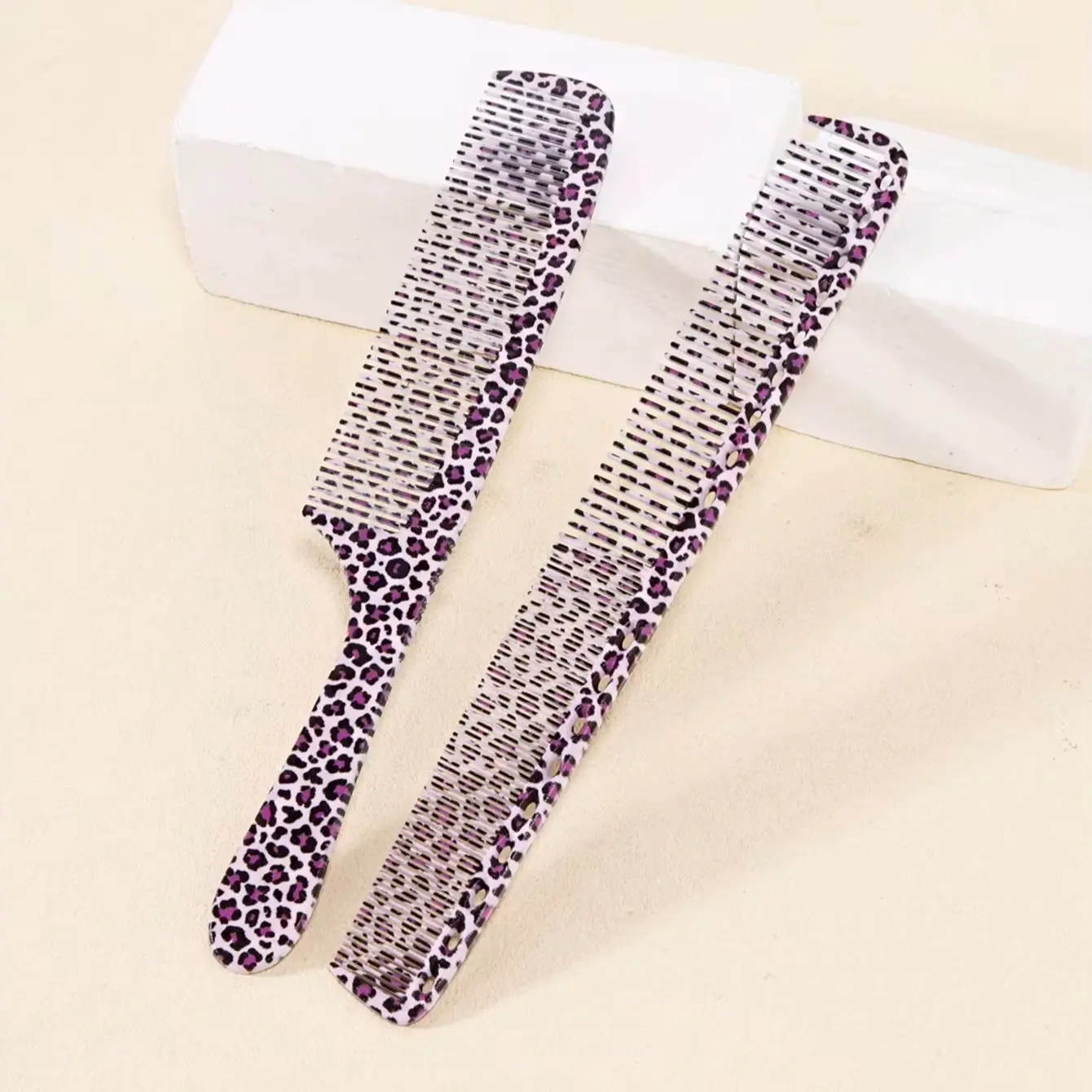 2pcs professional hair comb set, pink leopard print pattern, dense toothed straight hair comb, Special for Real Hair Wigs