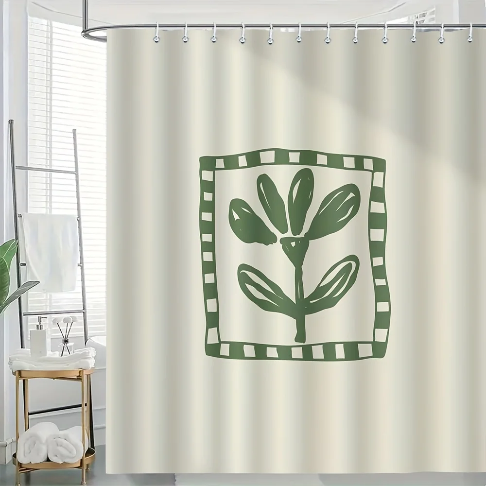 

Botanical Leaf Shower Curtain 71x71 Green Square Frame Polyester Washable with Hooks Modern Spa Decor