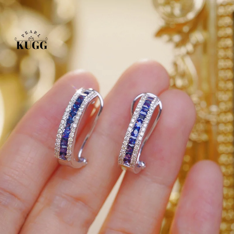 KUGG 100% 18K White Gold Earrings Fashion Elegant Design Real Natural Diamond Natural Sapphire Earrings for Women Party Jewelry