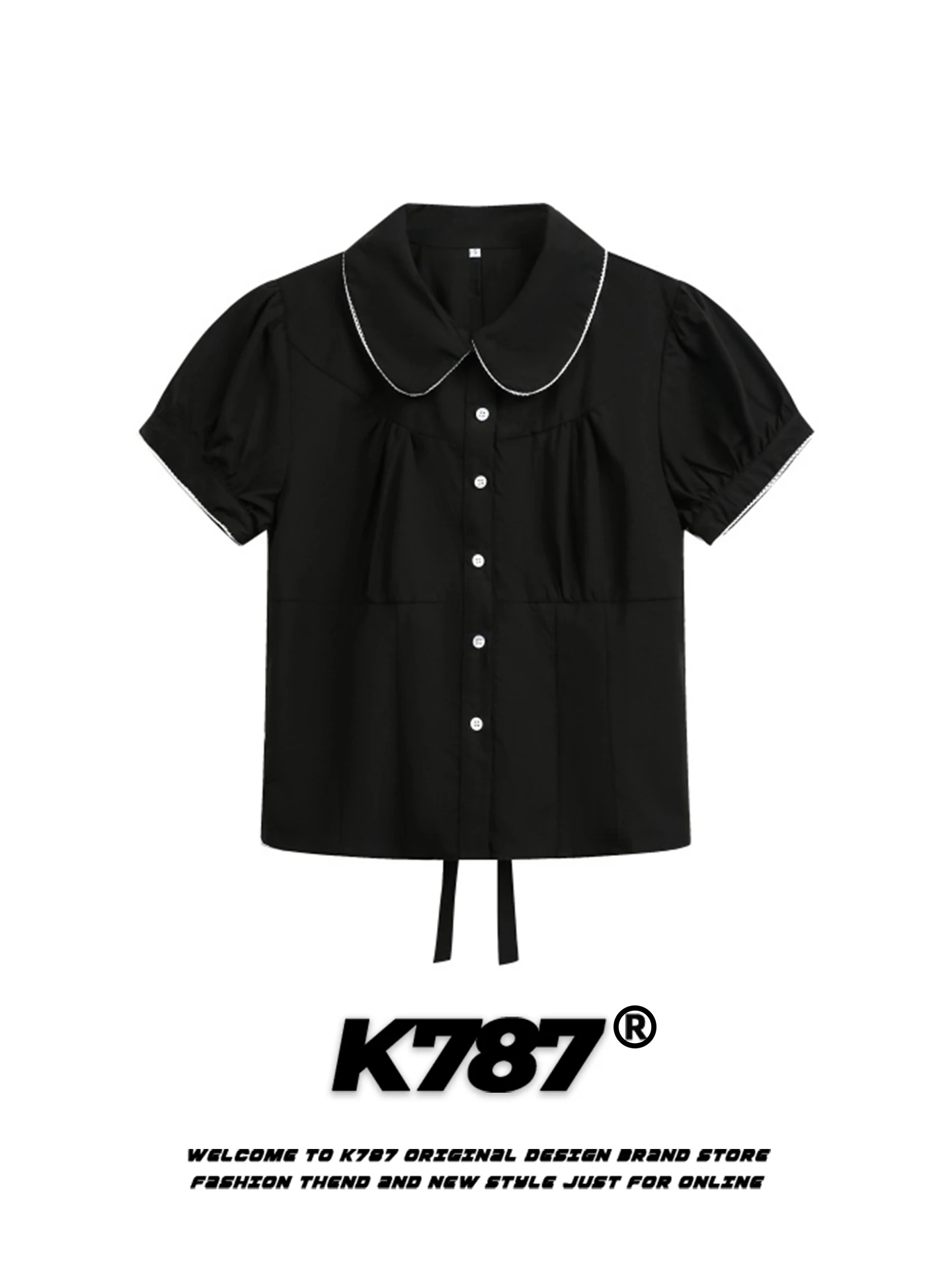 

K787 American Style Casual Doll Collar Short Sleeve Shirt Women Slimming Color Block Commute Summer Short Shirt Pure Color