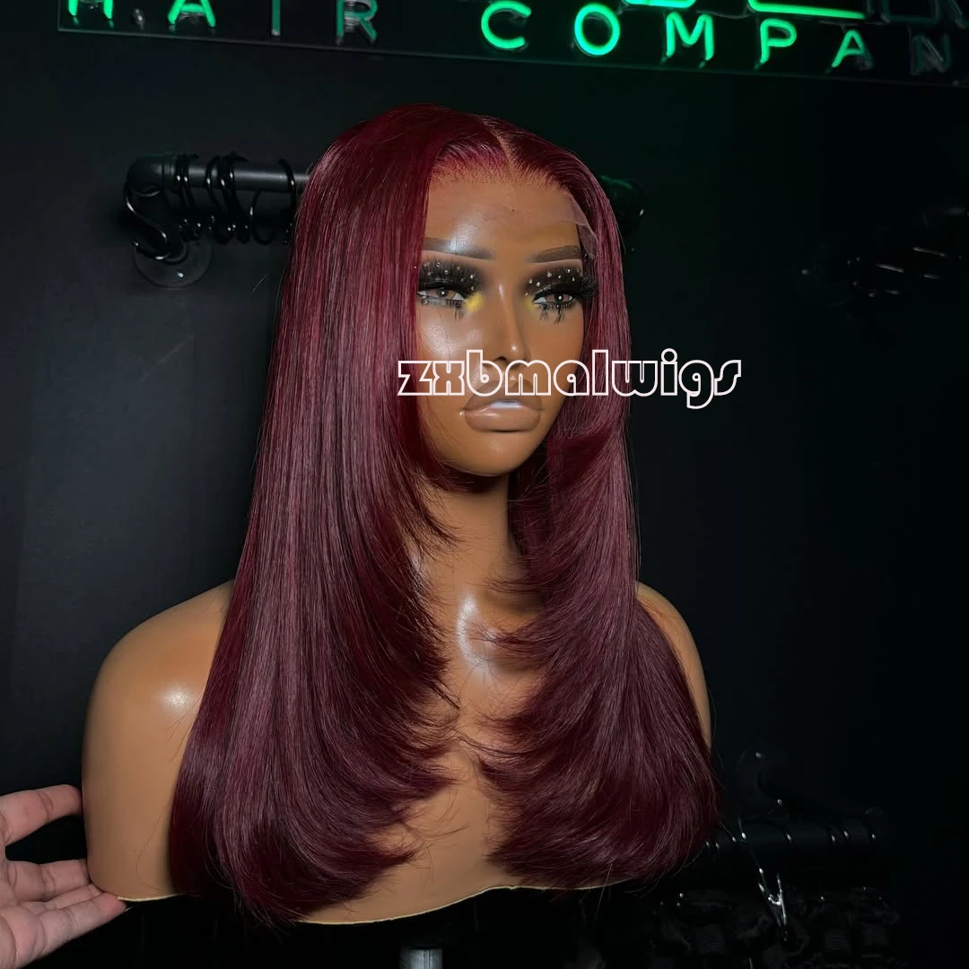 

ZXBMALWIGS Layer Straight Synthetic Hair Burgundy 13X4 Lace Front Wigs for Women High Temperature Fiber Lace Wigs Daily Cosplay