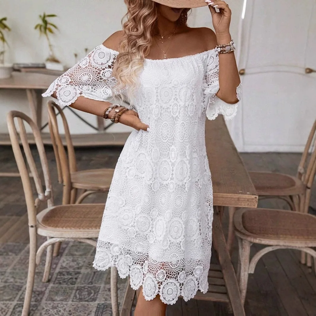 2025 Romantico abito in misto cotone con spalle scoperte Pizzo floreale Midi Vita smock Traspirante Manica a 3/4 Resort Invitato a un matrimonio A-Line