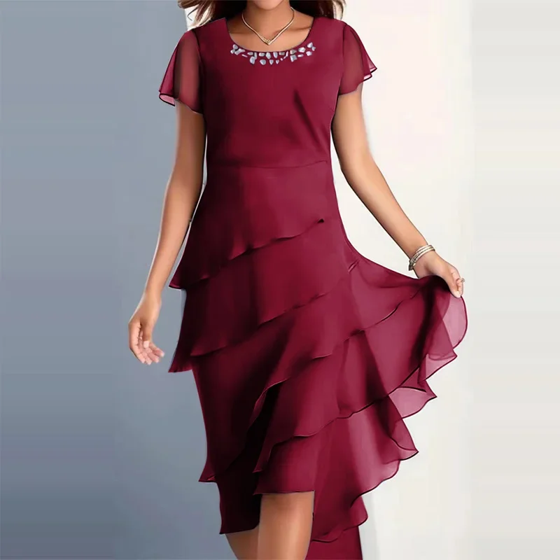 

Elegant Lady Patchwork Chiffon O Neck Short Sleeve Dress Fashion Sexy Female Casual Party Dress New Women's Tierred A Line Dress