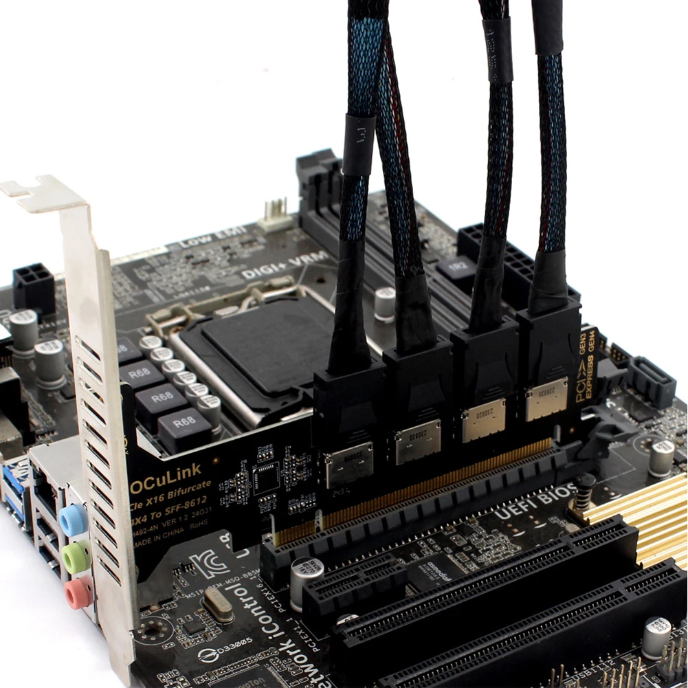 PCIE 4.0 X16 to 4 Ports OCulink SFF-8612 Split Bifurcation Card PCIE GEN4 64Gb