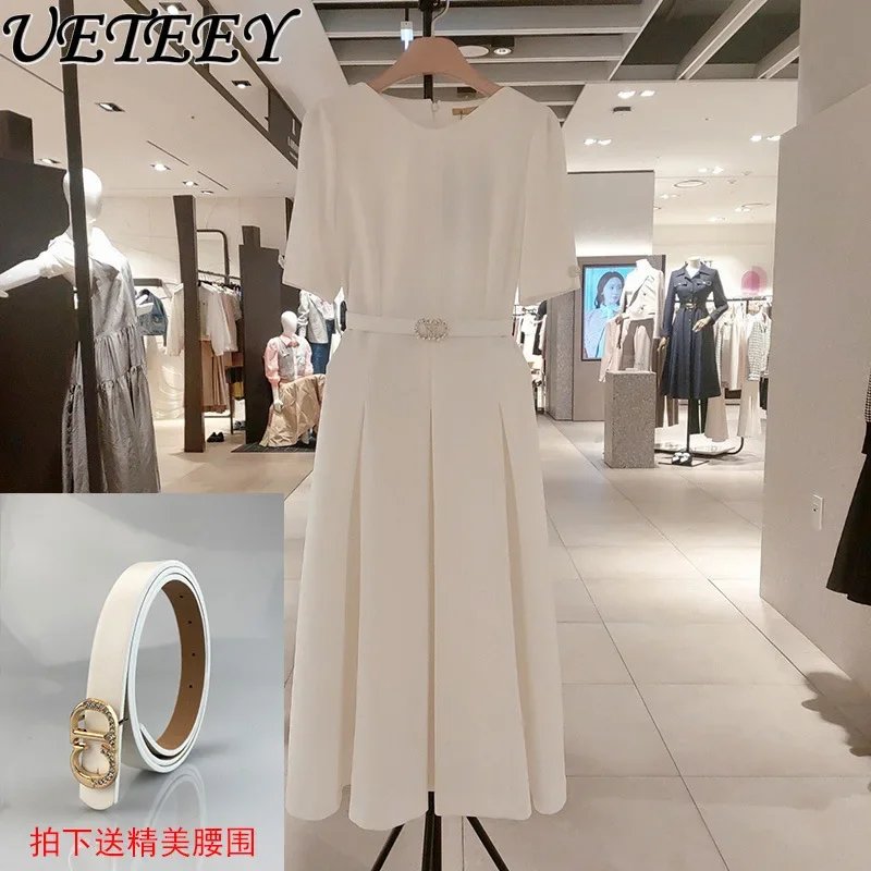 2023 Summer New Temperament Commute Short Sleeve Pleated A- Line Dress Closing Belt Slim Mid-Length Round Neck Dress for Women