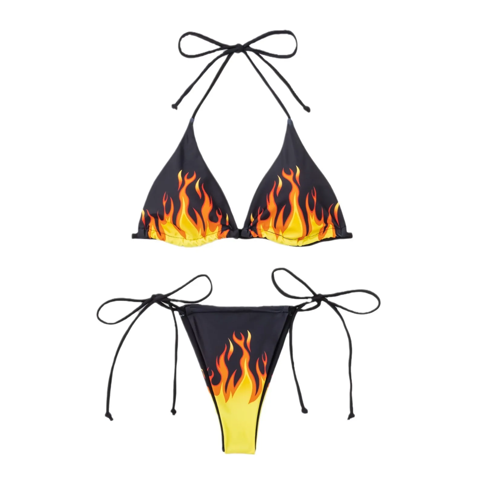 European and American Style Bikini Set with Flattering Fit for Women，Fashionable Tight Bikini Set with Unique Flame Print