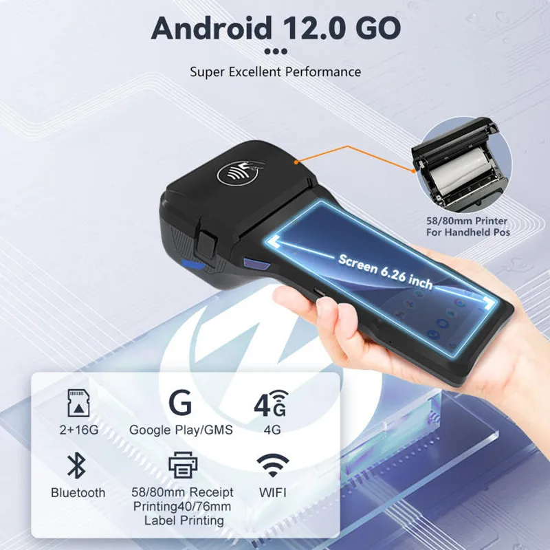 Z93 Handheld Android Cash Register 6.26 '' IPS Touch Screen Billing POS Terminal With 80mm Thermal Receipt Printer NFC Scanner