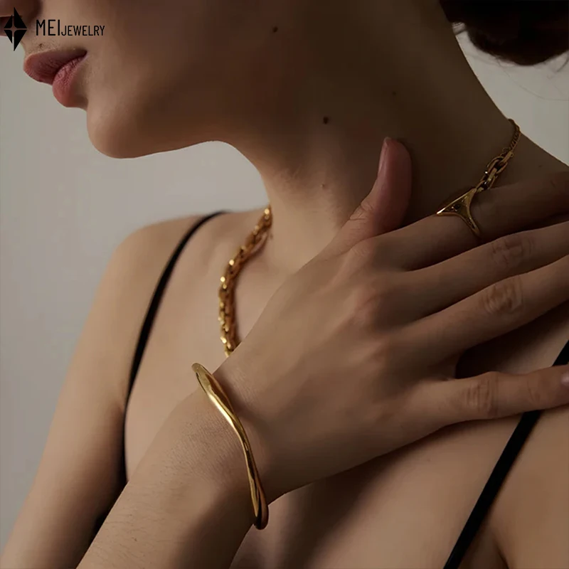 Popular Fashion Women Versatile Stainless Steel Jewelry Bracelet Geometric Shape Wide And Narrow Bracelet ﻿