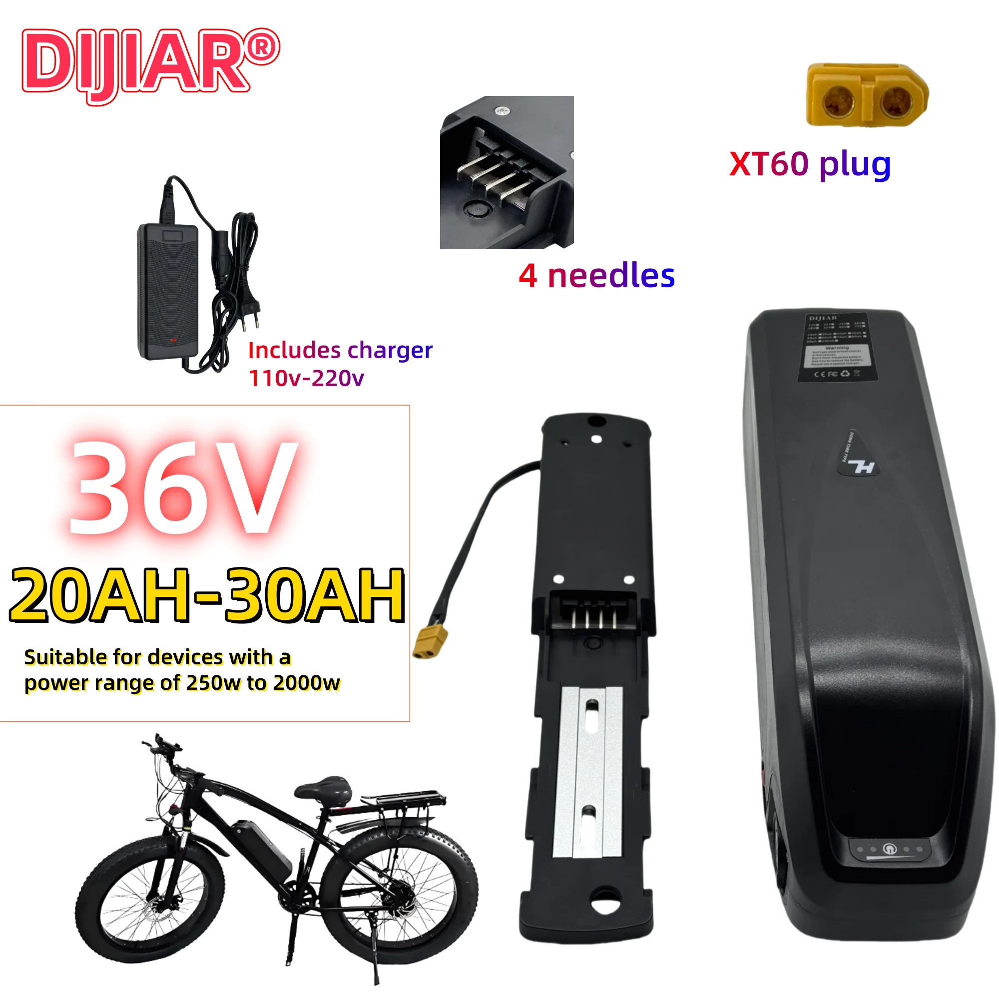 DIJIAR航空貨物、海龍電動自転車36v20AH-30AH、4ピンベース、XT60プラグ、30AHBMSシステム、+充電器アプリケーション1000W2000W
